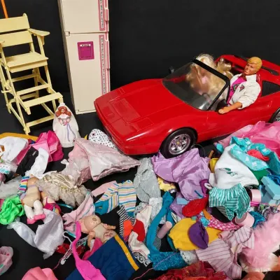 MATTEL BARBIE RED FERRARI, BARBIE CLOTHES, AND ACCESSORIES 