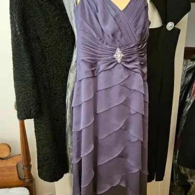 Beautiful Simpson Black Persian Lambs Coat, Black Cocktail Dress, Purple Gown W/ Shawl