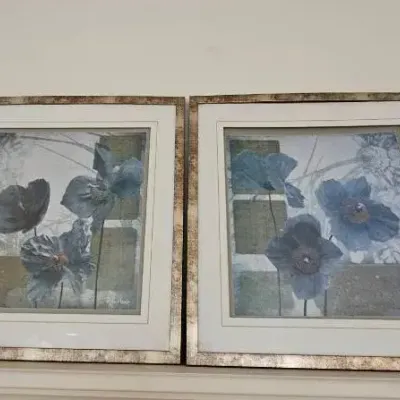 (2) Blue Flower Prints Signed