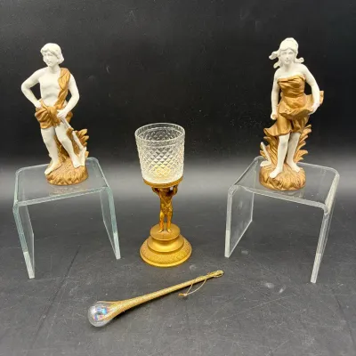 Vintage Gold-Tone & Porcelain Figurine, Crystal Votive & Decorative Ornament