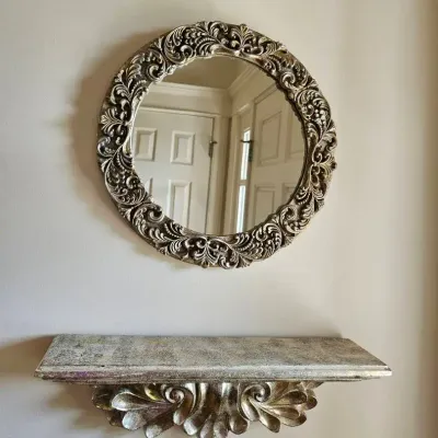 Small Round Mirror & Floating Silver Shelf