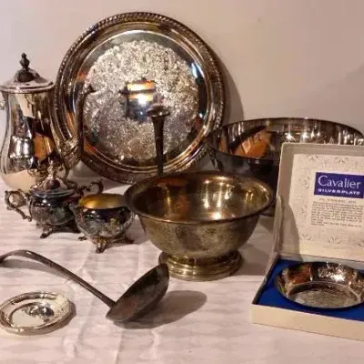 Silverplate Items & (1) Sterling Weighted Candlestick