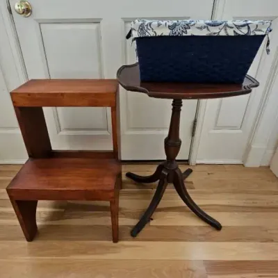 Side Table, (2) Step Stools & Floral Basket