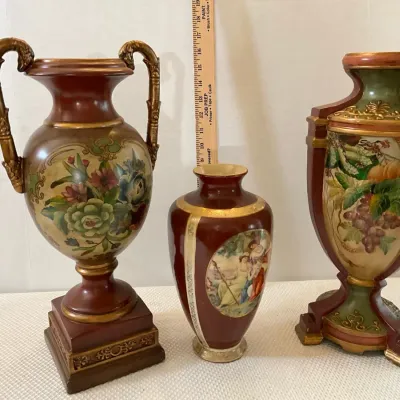 Japanese Hand-Painted Vase And Pair of Large Reproduction Vases