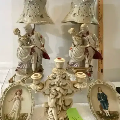 Pair of Vintage Porcelain Lamps With Pierced Porcelain Shades, Porcelain Candelabra, Plaques