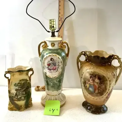 2 Vintage Pretty Transferware Vases, Vintage Victorian Style Lamp