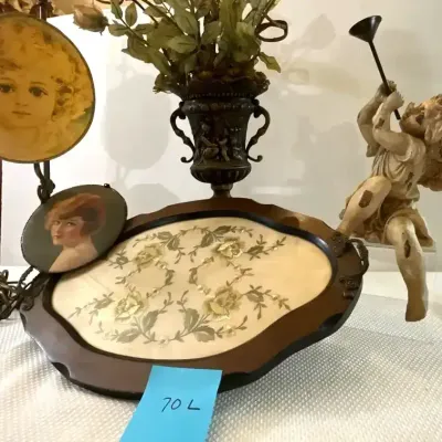 Vintage Bouillotte Style Lamp, Wooden Tray w/ Embroidery Under Glass And Modern Day Urn And Cherub