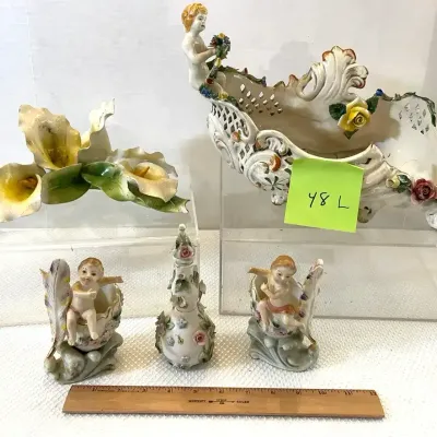 Vintage Italian Centerpiece Bowl, Capodimonte Calla Lily Candlestick, Japanese Figures