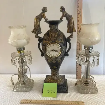 Reproduction Classical Urn/Amphora With Clock And Pair of Vintage Mantle Lamps With Prisms