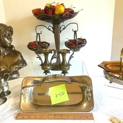 Silver Plate, Brass, and Pewter Decor and a Bust