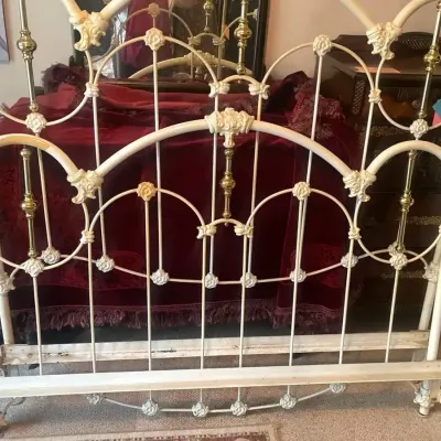 Queen Size Brass Bed, Cream And Brass