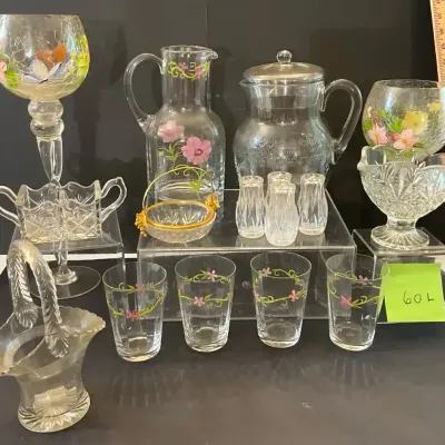 Hand Painted Juice Set, Etched Pitchers, Other Glassware