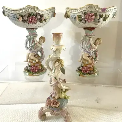 Antique German Figural Compote Pair and Candlestick