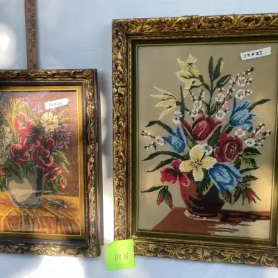 Nicely Done Handmade Needlepoint Pictures in Gold Frames