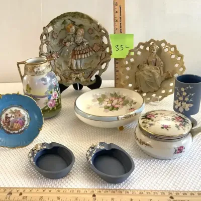 Hand Painted China, 2 High Relief Japanese Wall Plaques, 3 Pieces of Blue Lefton Jasperware