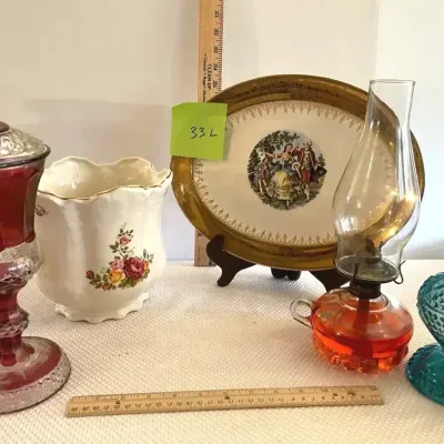 Vintage Platter, 2 Oil Lamps, Floral Flower Pot, Vintage Footed Urn with Lid
