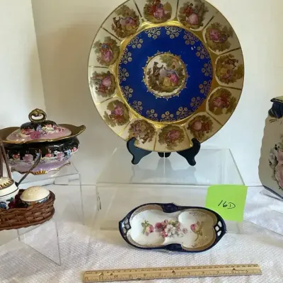 Courting Couple Plate, Limoges Canister, Other Blue Themed China Pieces