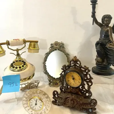 Reproduction of an Antique French Phone, 2 Clocks, And Mirror With Flowers And Jewels