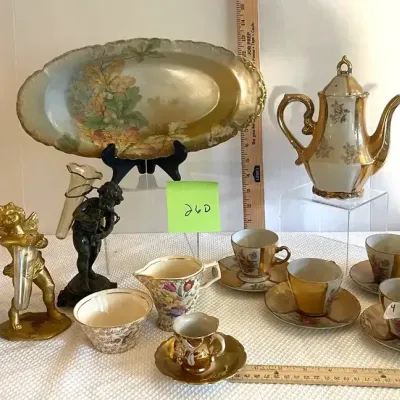 Floral Gold Tea Set, Chintz Cream and Sugar, Yellow Floral China, 2 Cherub Vases