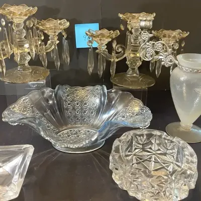 Glass Candelabra With Hanging Crystals, Blue Fluted Bowl, And 2 Ashtrays