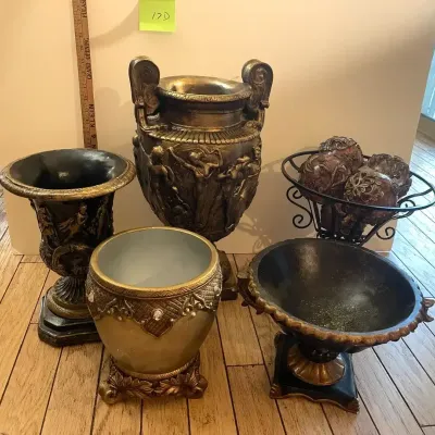5 Patinated High Relief Urns and Planters, Modern Day