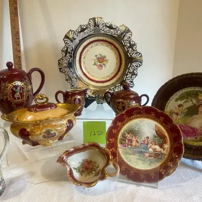 Vintage Hand-Painted And Transferware China Pieces Mostly Burgundy 