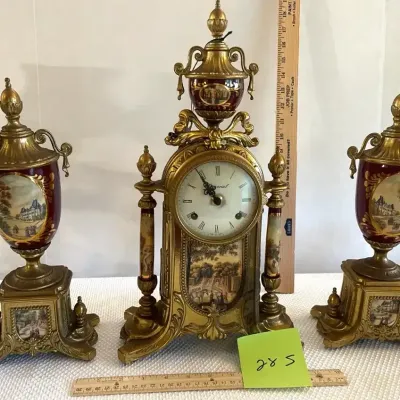 Italian Mantle Garniture Set-Clock And Pair of Urns