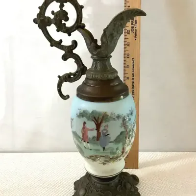 Antique Bronze And Porcelain Hand-Painted Mantel Ewer