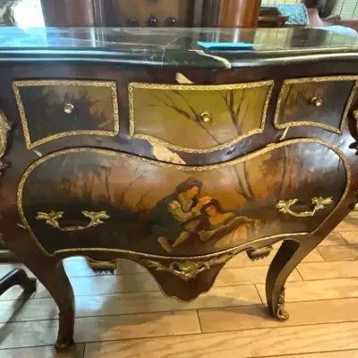 Antique Bombe Front Dresser/Commode With Hand Painted Details And Marble Top