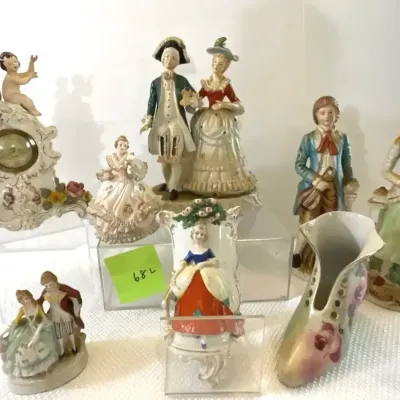 Figurines From Many Countries, Ornate Dresden Clock, Limoges Shoe