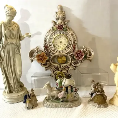 Capodimonte Clock, 2 Classical Statues, Vintage Stagecoach Nightlight, Figurines 
