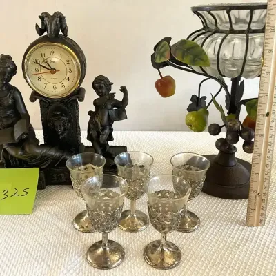Reproduction Mantle Clock, 5 Liqueur Glasses, And A Fruit Candle Holder