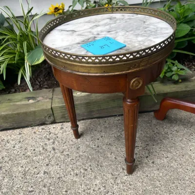 Marble Top Tables-Small Marble Top End Table With Brass Rail, Ornate Table with Green Marble Top