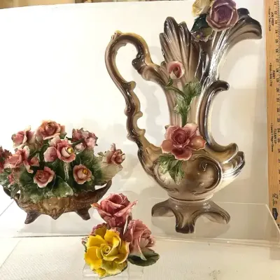 Capodimonte Flower Arrangement, Floral Centerpiece, and Floral Decorated Pitcher