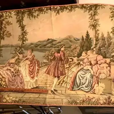 Large Vintage Tapestry With A Romantic Scene And A Pink Corded Edge