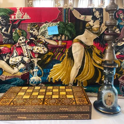 Parquetry Backgammon Game, Vintage Hookah, and Velvet Tapestry From Turkey