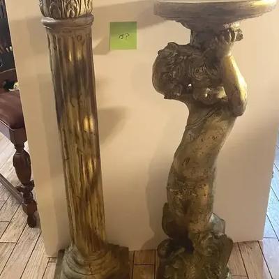 2 Gold Colored Florentine/Classical Style Plant Stands-1 Column and 1 Cherub