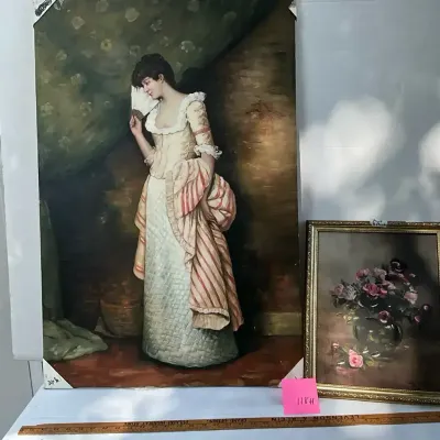 Large Painting Of A Lady With A Fan (Handpainted Reproduction) And A Embellished Print