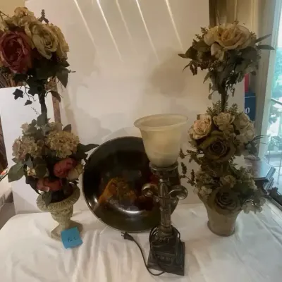 Silk Flower Topiaries, Large Romantic Platter, And Reproduction Lamp Torchiere Table Lamp