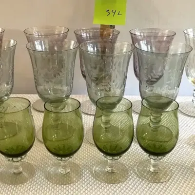 Set of 10 Colored Crystal Etched Goblets  And 6 Olive Green Crystal Goblets