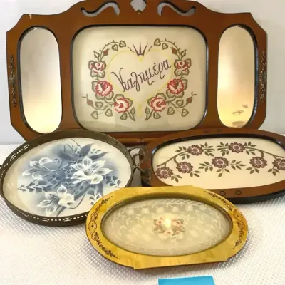 2 Vintage Greek Trays, Vintage Greek Towel Rack, Vintage Celluloid Tray, Vintage Ceramic Tray