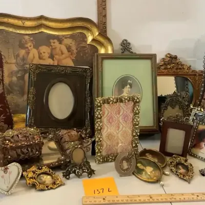 Multitude Of Pretty Small Frames, Decorative Box, Vanity Tray, Perfume Bottle, Mirror 