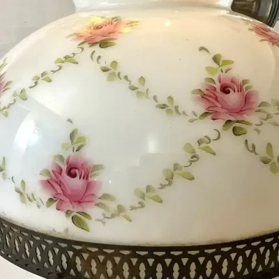 Vintage Hand-Painted Milk Glass Shade With Hand-Painted Roses