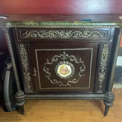 French Antique Ornate Cabinet/Commode With Ormolu Detail, Carving, Painted Panel and Marble Top
