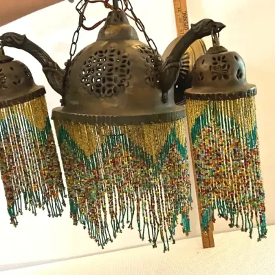 Vintage Pierced Brass Chandelier from Morocco, Brass and Beads