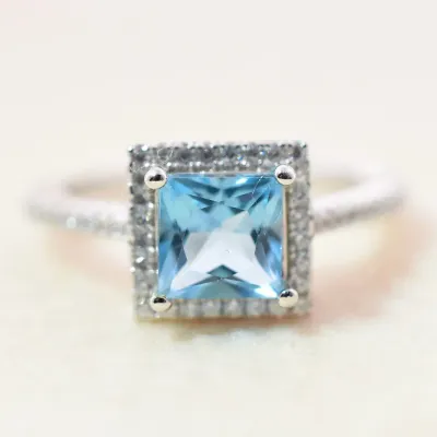 Blue Topaz Sterling Silver Halo Ring