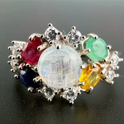 Moonstone, Sapphire, Ruby, & Emerald Sterling Silver Ring