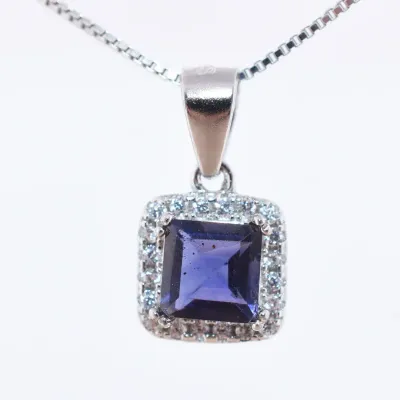 Iolite Sterling Silver Halo Pendant