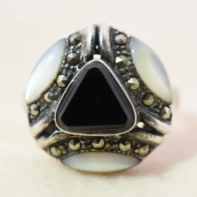 Onyx, Mother Of Pearl & Marcasite Sterling Silver Ring