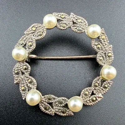 Pearl Marcasite Sterling Silver Wreath Brooch